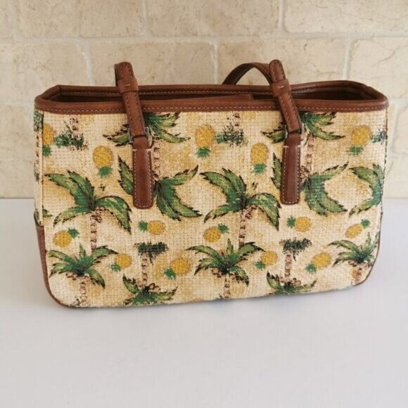 Tropical Woven Purse Liz Claiborne Palm Tree Pineapple Handbag Bag - Picture 2 of 16